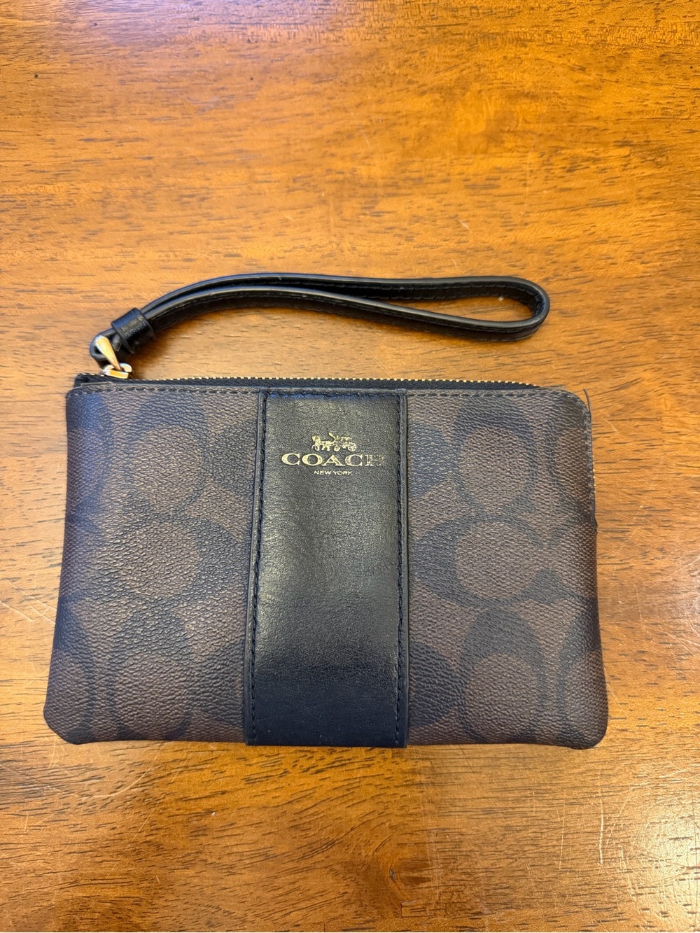Coach Brown and Black Signature Leather Wristlet
